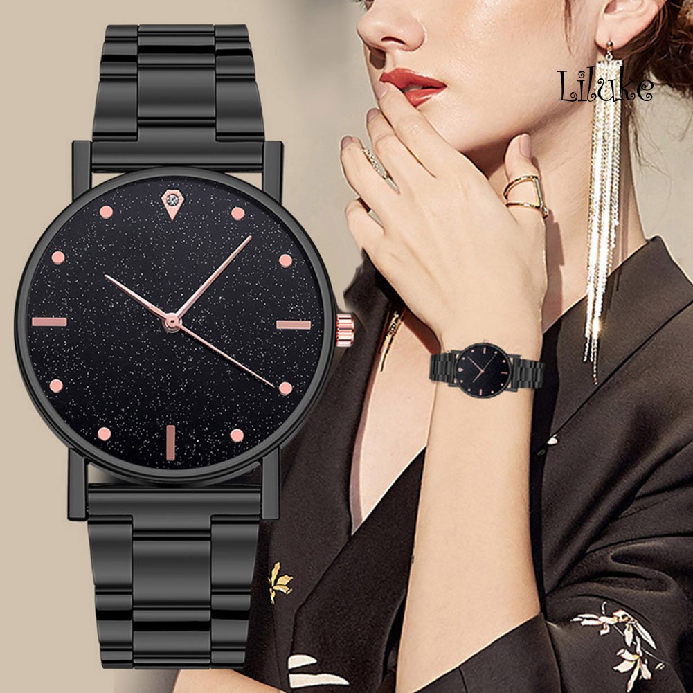 Đồng Hồ Đeo Tay Mặt Tròn Họa Tiết Sao Lấp Lánh Dây Thép Không Gỉ Thanh Lịch Cho Nữ