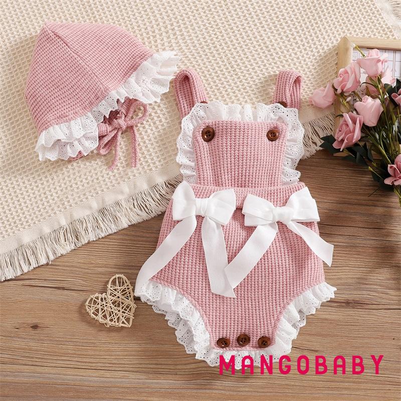 Bộ Áo Liền Quần Dệt Kim Không Tay Đính Nơ Màu Sắc Tương Phản + Mũ Cho Bé Gái 0-18 Tháng Tuổi