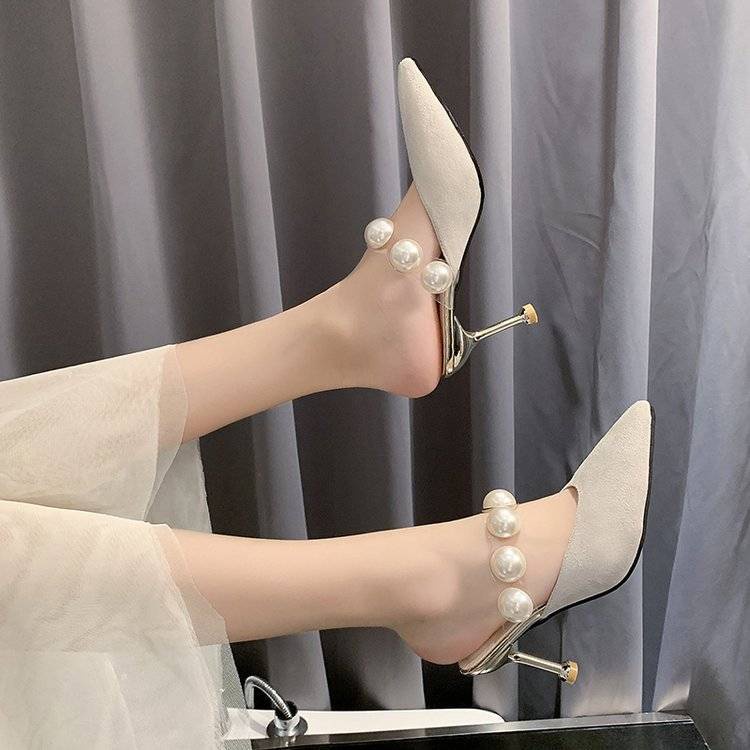 Giày cao gót mũi nhọn đính ngọc trai giả thời trang cho nữ cao 8cm