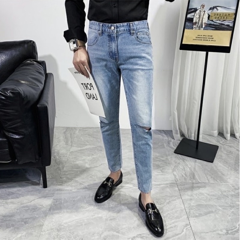 QUẦN JEANS SKINNY CO DÃN XANH TRƠN RÁCH GỐI (hình chụp thật)