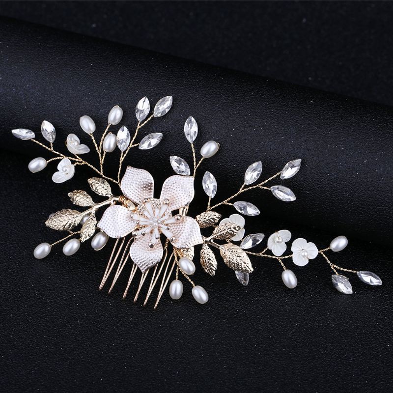 DE  Bride Comb Golden Leaf Floral Pearl Imitation Wedding Party Headdress Headwear Accessories Fashion Vintage Delicate Jewelry Decoration
