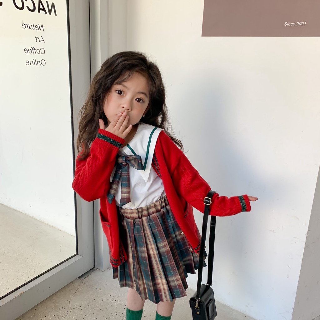 SG091 - Set áo váy học sinh thuỷ thủ kèm nơ sz 90-140 , sơ mi trắng, chân váy caro, thời trang hàn quốc thu đông 2022