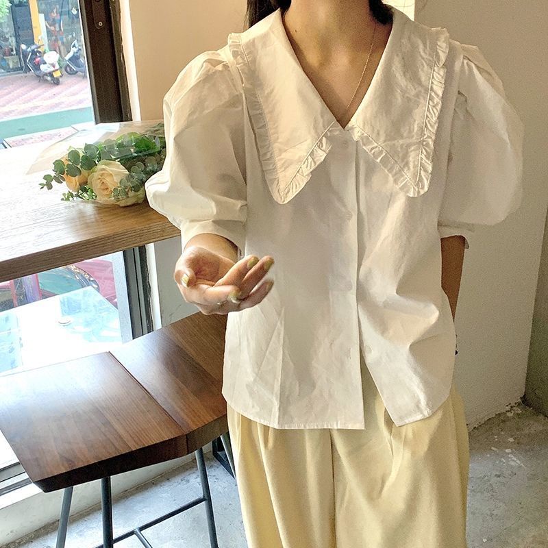 Áo sơ mi tay phồng ngắn màu trơn thời trang mùa hè phong cách Hàn Quốc