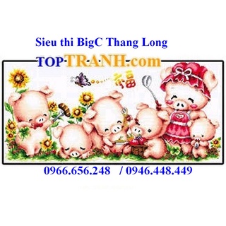 Tranh thêu chữ thập gia đình mẹ con nhà lợn nhà heo tranh con heo K212 chưa thêu