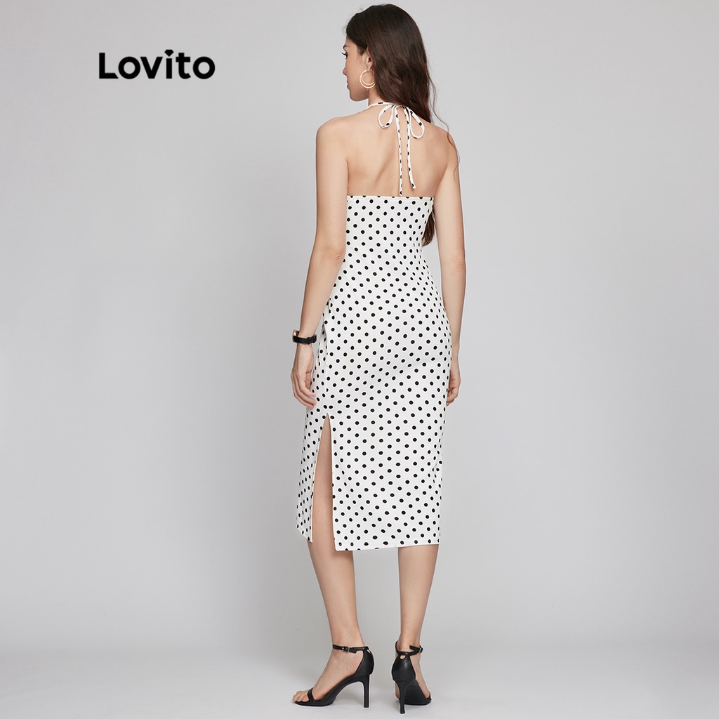 Đầm Lovito phong cách thanh lịch chấm bi cổ xếp nếp hở lưng kiểu đầm dây L26LD068 (màu đen và màu trắng)