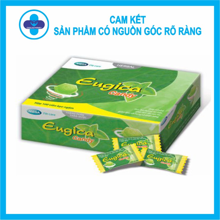 Kẹo ngậm Eugica hộp 100 viên - Làm dịu cơn ho, giảm đau rát họng và khản tiếng.
