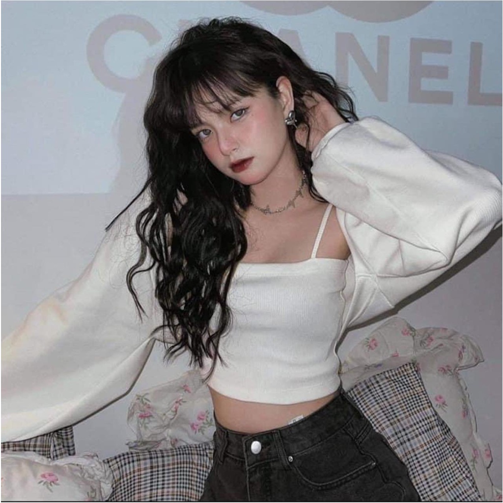 Set áo 2 món kiểu cadigan croptop tay phồng mix áo 2 dây phong cách cá tính guuz-official