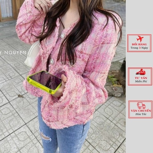 Áo dạ tweed hồng cúc ngọc ulzzang Hàn Quốc cao cấp thời trang yolo fashion