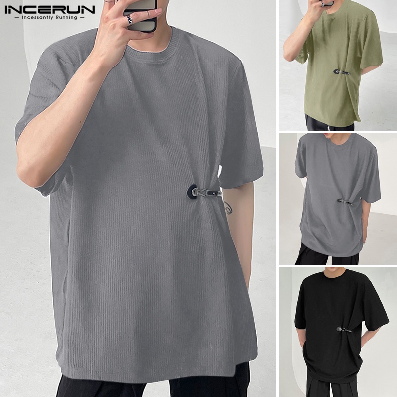 Áo thun INCERUN dệt kim tay ngắn màu trơn dành cho nam