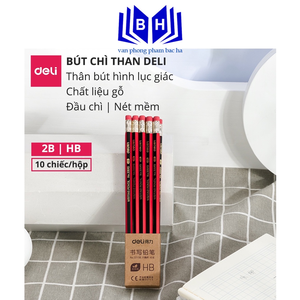 Vỉ 10 bút chì lục giác Deli 2B/HB kèm đầu tẩy - chất liệu gỗ an toàn dễ gọt phù hợp với học sinh văn phòng 33158