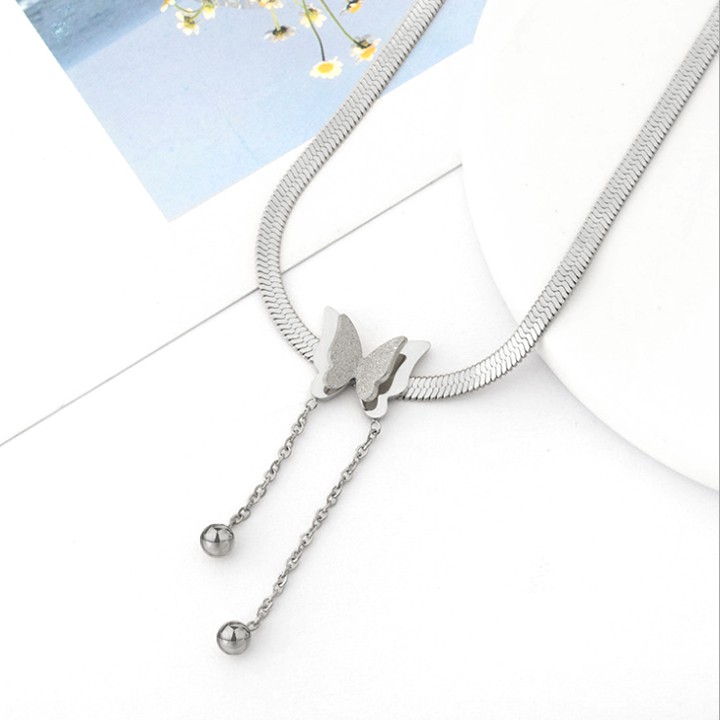 Dây chuyền nữ kiểu mì dẹp titan có mặt Hồ Điệp rớt bi cách điệu siêu đẹp, bền màu, hợp thời trang, dễ phối đồ