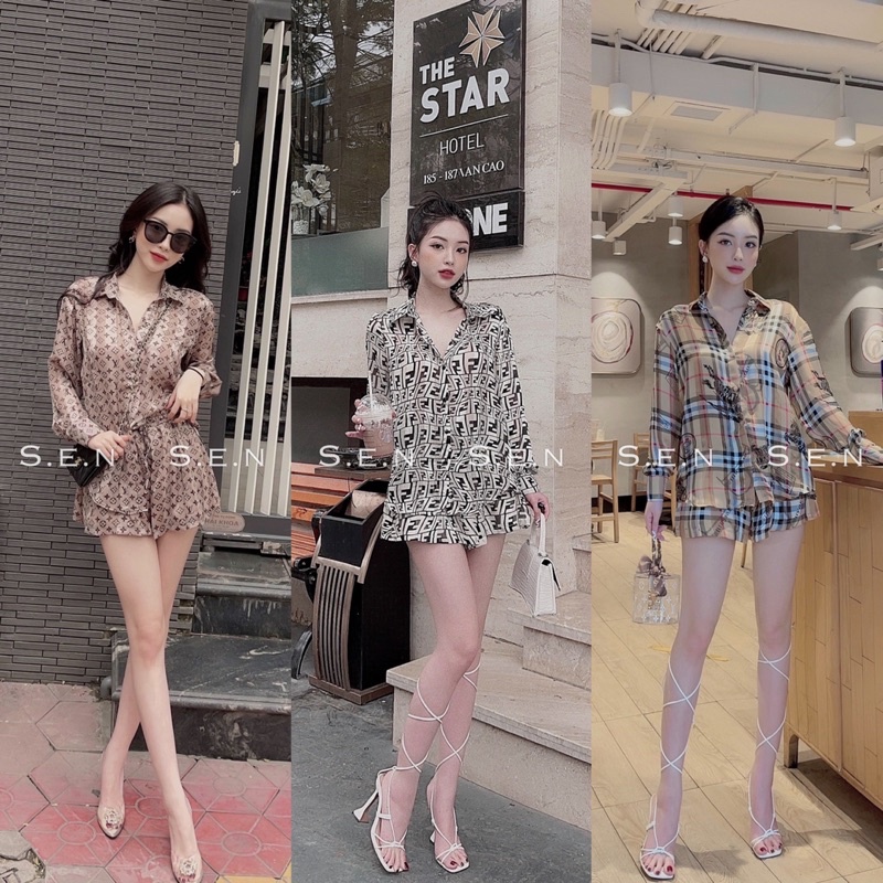 Set sơmi hoạ tiết chất liệu lụa nhẹ mát