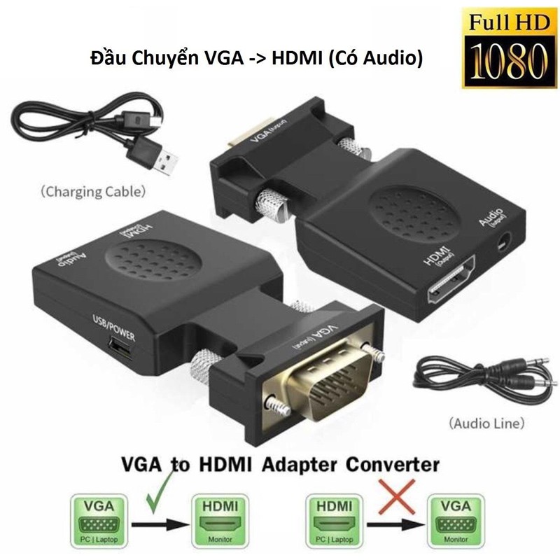 Đầu chuyển tín hiệu từ VGA sang HDMI VS hỗ trợ FullHD - tích hợp cổng âm thanh (Đen)