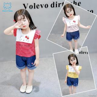 Set áo thun kẻ sọc+quần short jeans cho bé gái