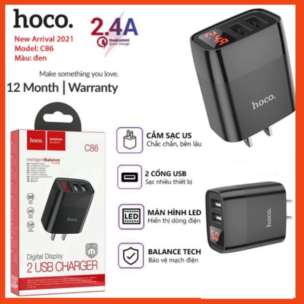 Củ Sạc Nhanh Hoco C86. 2 Cổng USB Với Đèn LED Hiển Thị Điện Áp, 5V-2.4A max 12W. PKCH8886