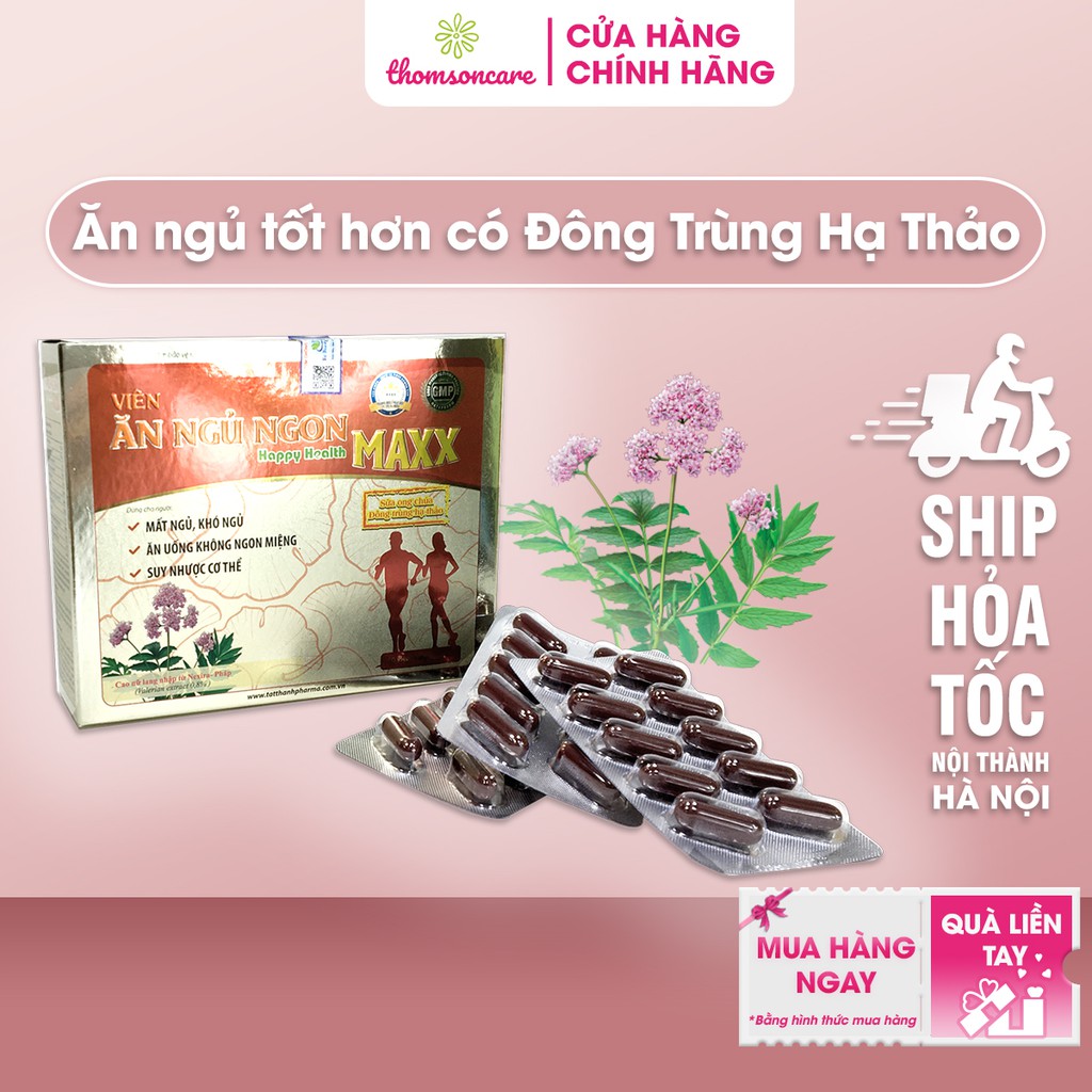 Viên Ăn ngủ ngon Happy health Maxx hộp 60 viên giảm mất ngủ, ăn ngon thành phần từ đông trùng hạ thảo, sữa ong chúa