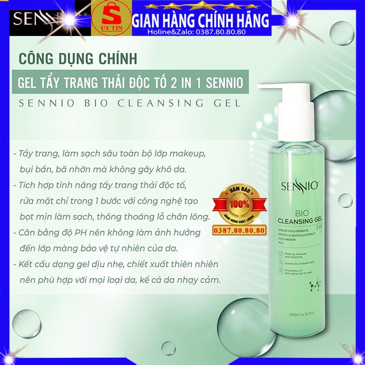 Nước tẩy trang không cồn dạng gel kiêm sữa rửa mặt tốt chính hãng Sennio hàn quốc cho da dầu mụn khô nhạy cảm bio xanh