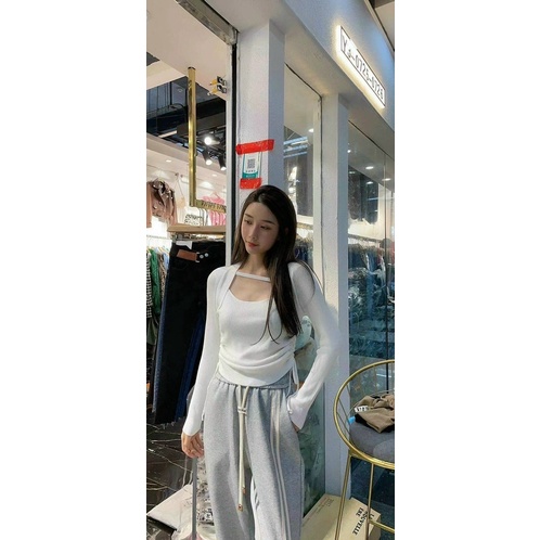 Áo len tăm nữ cổ vuông rút dây nhún 2 bên sườn, dây chéo ngực | BigBuy360 - bigbuy360.vn