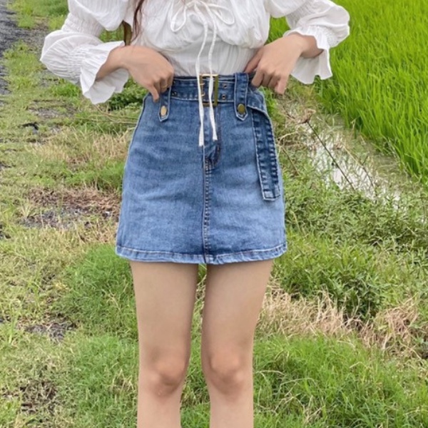 Chân váy jean chữ a , chân váy jean nữ kèm đai , chất jean co giãn hàng loại 1 PLV08