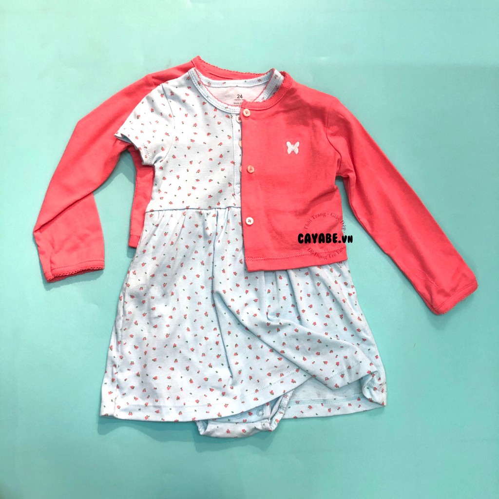 SET ĐẦM BODYSUIT VÀ ÁO KHOÁC CHO BÉ GÁI CAYABE: ĐẦM XANH NGỌC HOA LI TI VÀ ÁO KHOÁC HỒNG (QUẦN ÁO TRẺ EM)