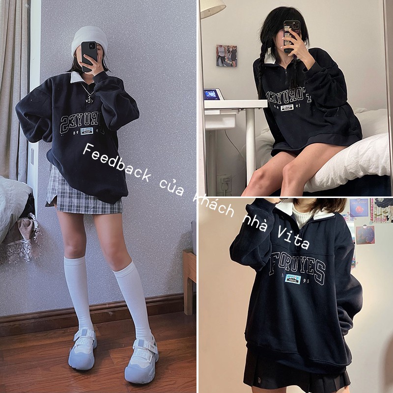 Hết hàng Áo Sweater nữ form rộng Hàn Quốc - Chất nỉ - Cổ Polo - Màu xanh dương | BigBuy360 - bigbuy360.vn