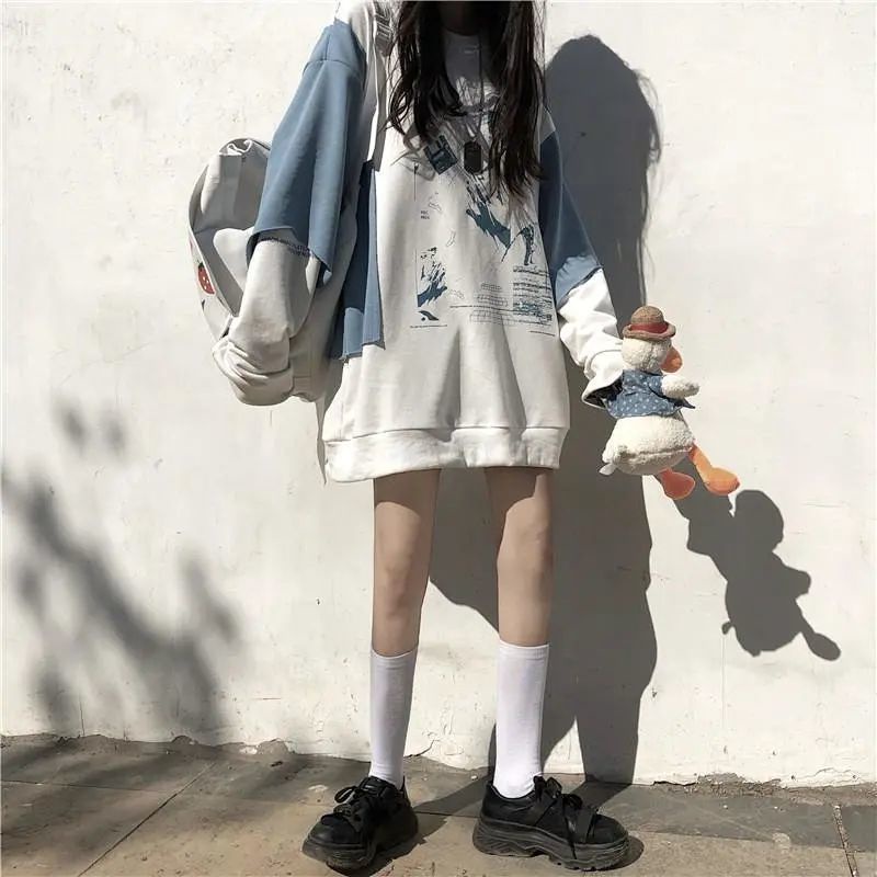 Áo hoodie tay dài giả hai lớp phong cách Hàn Quốc cho nữ