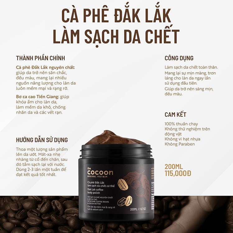 [CHÍNH HÃNG] Tẩy Da Chết Cà Phê Đăk Lăk Cocoon 200ml (Body Polish)