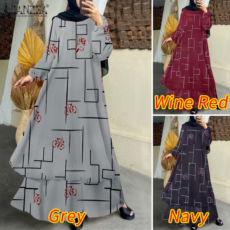 Zanzea Đầm Dài Hai Lớp Tay Phồng In Họa Tiết Thời Trang Cho Nữ