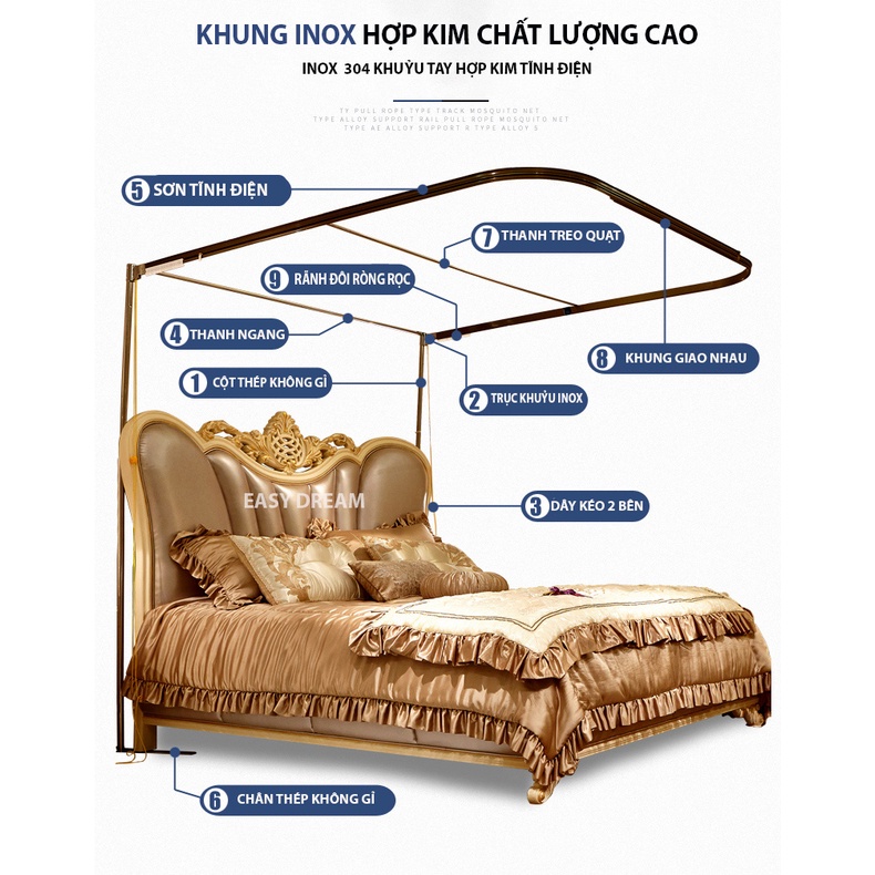 Màn khung ròng rọc cao cấp không khoan tường Mùng ngủ  EASY DREAM -có dây kéo - chiều cao 2m25  vải voan cao cấp