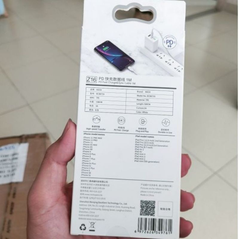Cáp sạc nhanh Type C to lightning chính hãng Rock