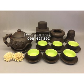 Bộ ấm trà gốm tử sa đắp nổi hoa phù dung và phụ kiện