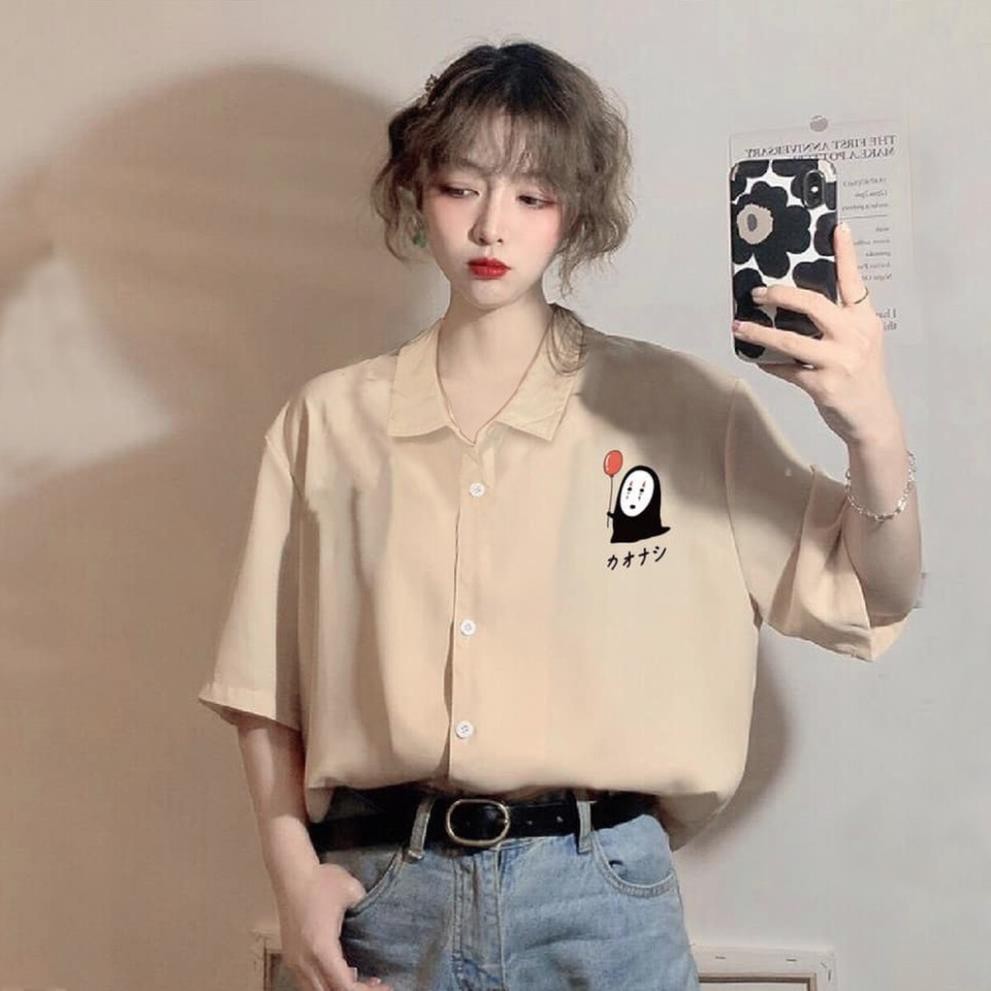 Áo sơ mi nữ cổ bẻ tay ngắn phong cách ulzzang dáng unisex freesize form rộng in hình VÔ DIỆN màu nude  ྇