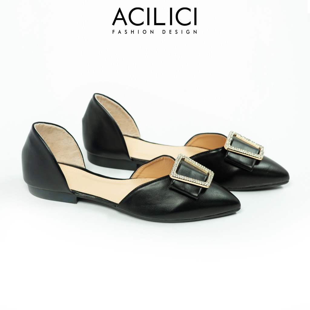 Giày búp bê ACILICI nữ thời trang mũi nhọn, da bóng, giày gót cao 2cm đế vuông đủ size từ 35-40 màu đen_TC053