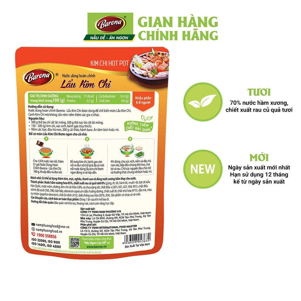 Nước Dùng Lẩu Kim Chi Barona 180g tươi ngon chuẩn vị không cần nêm nếm, Combo 1 hộp (10 gói)