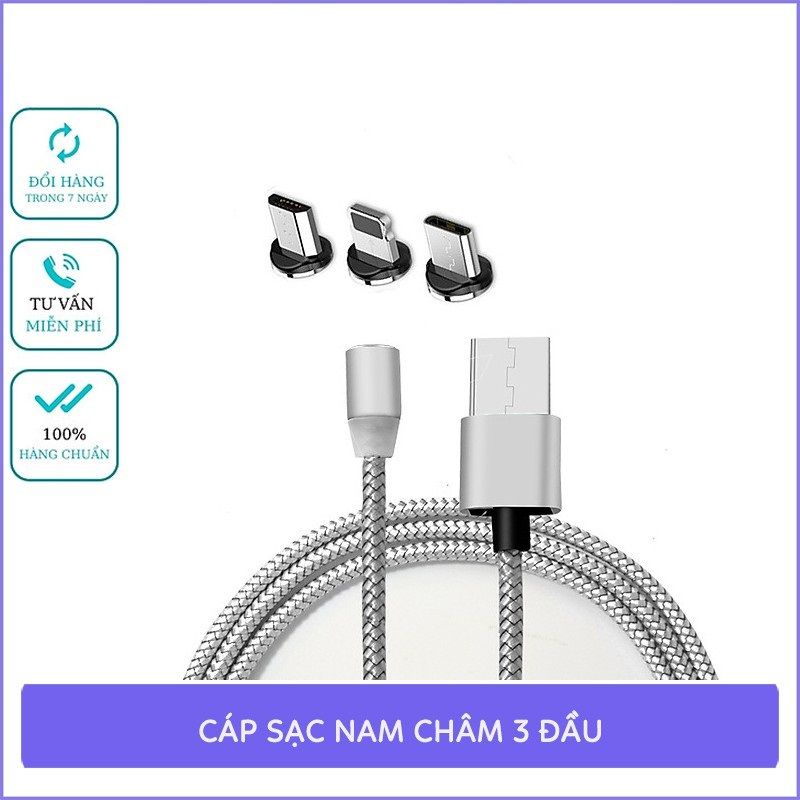 Bộ Cáp Sạc Dù Nam Châm 3 Đầu Hít Dành Cho ANDROI/IPHONE/TYPE C Xoay 360 Độ, Có Đèn Led