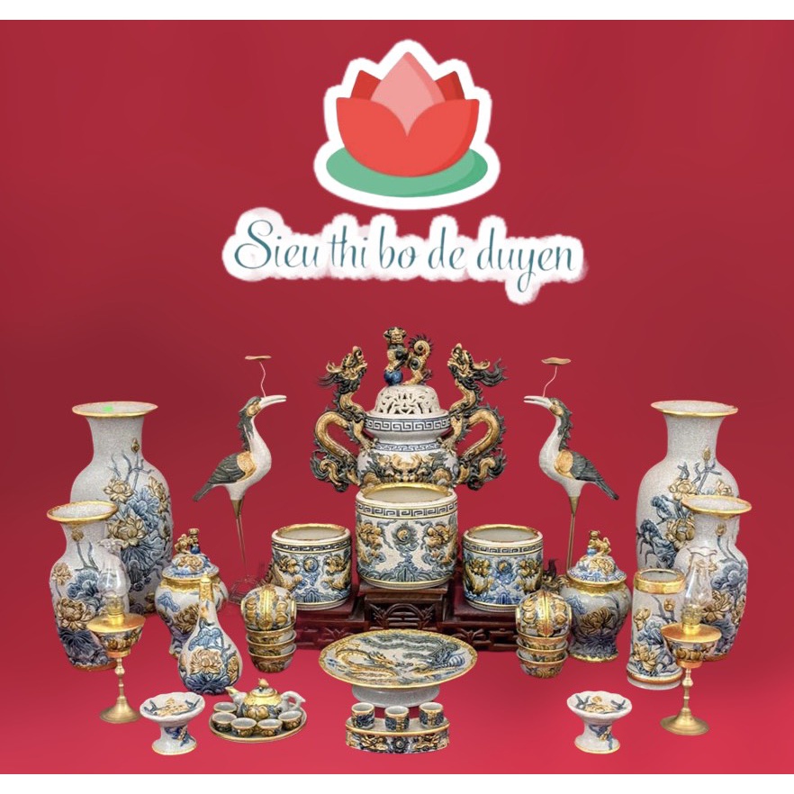 Bộ đồ thờ sứ Bát Tràng đắp nổi 3D men rạn giả cổ (Bát cúng/chén cúng, chóe nước,cầu 3 chén, đèn dầu, chân nến)