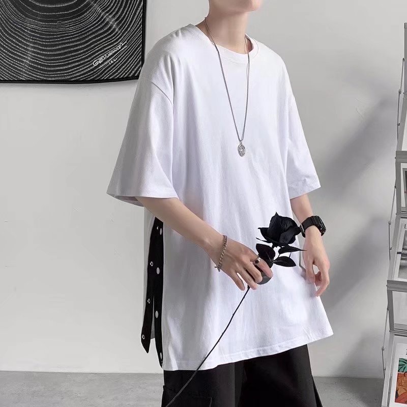 Áo Thun Unisex Form Rộng Xả Tà Cúc Bấm, Áo Phông Trơn Basic Tay Lỡ Freesize Phong Cách Hàn Quốc