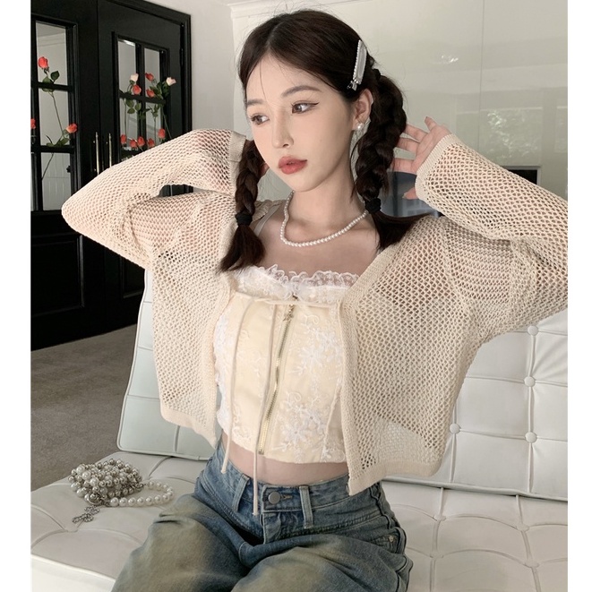 QKOOLE Áo cardigan  dạng đan màu trơn tay dài thời trang phong cách Hàn Quốc