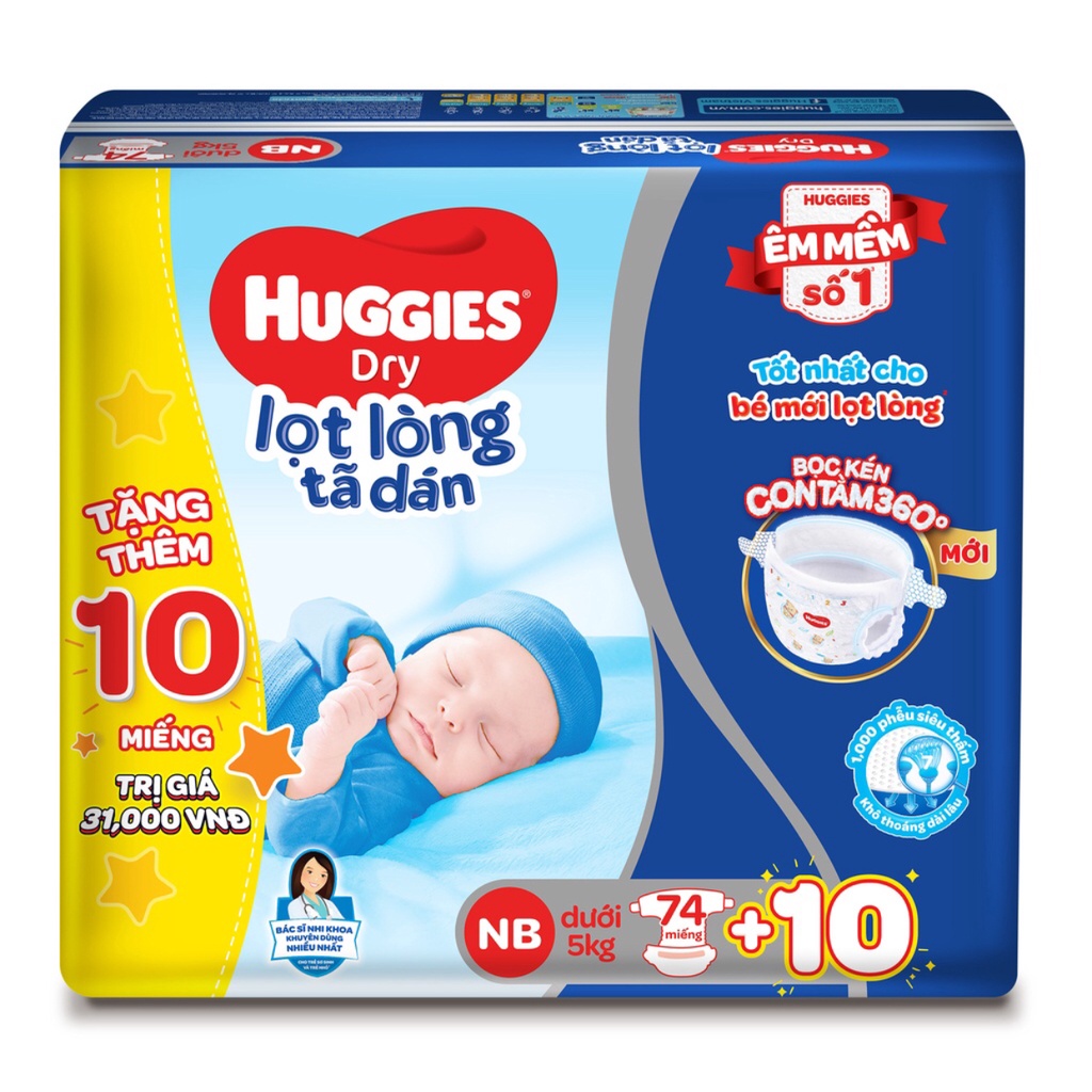 Tã dán sơ sinh Huggies S56+10,Nb74+10,NB100+8 mẫu mới bọc kén con tăm êm mềm