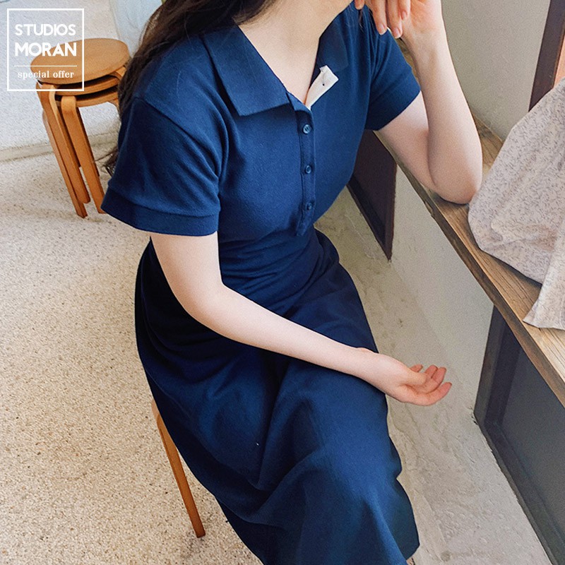 (HÀNG SẴN)Váy thun POLO cổ bẻ MORAN dáng dài thắt eo vintage style Hong Kong (HÀNG MỚI 2021)