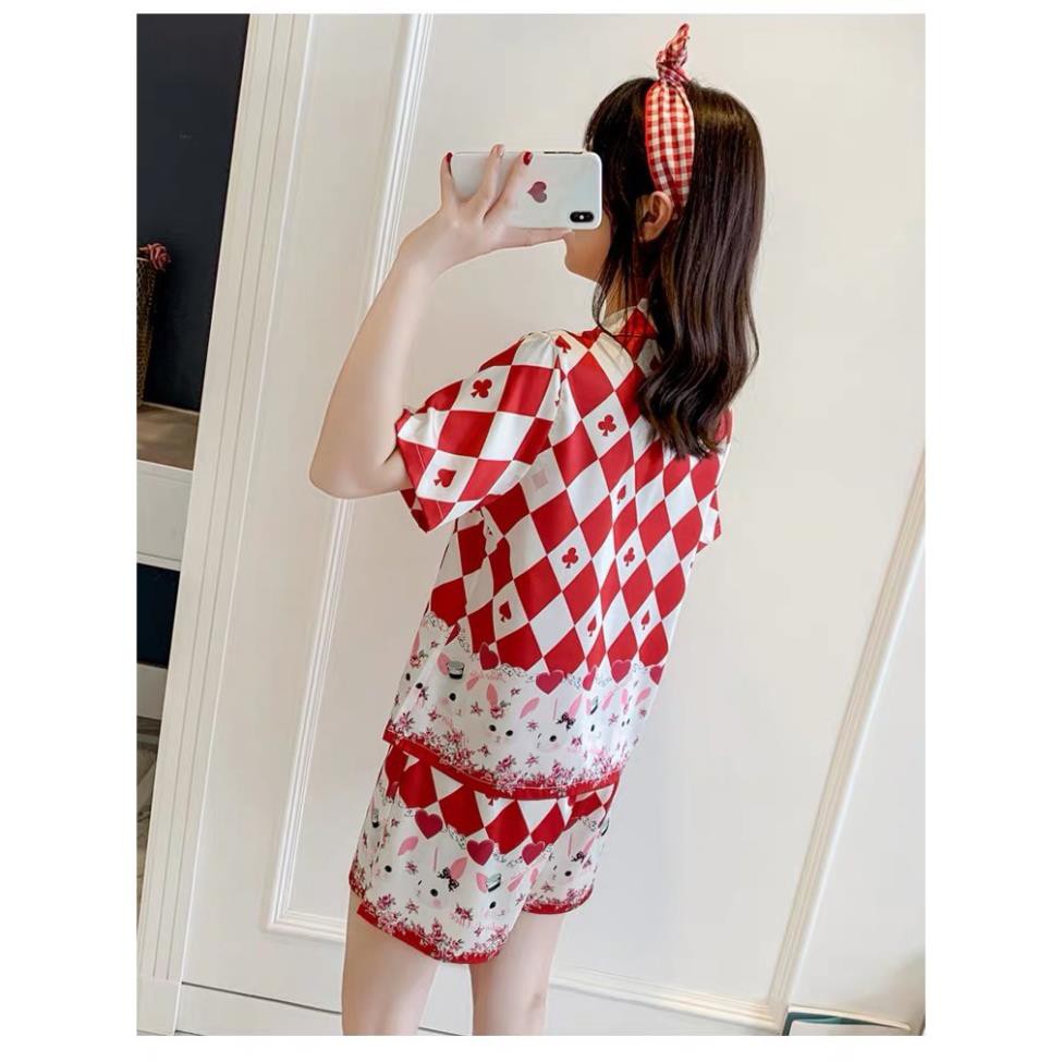 Bộ ngủ lụa pizama hoạ tiết lá bài hàng cao cấp