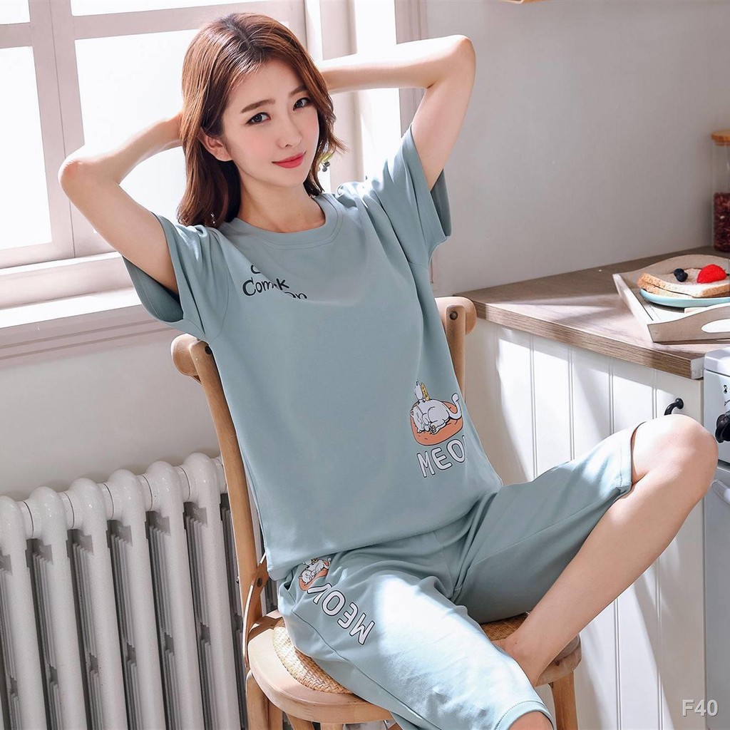 Pyjamas nữ quần dài cắt ngắn bằng vải cotton Lớn size Bà bầu Hàn Quốc có thể mặc đồ ở nhà bên ngoàiEE