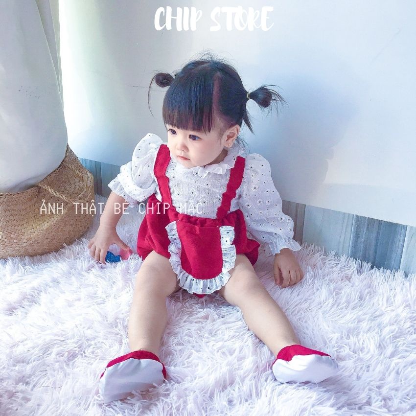 Body bé gái dài tay màu đỏ phối trắng CHIP STORE Set thu đông cho bé gái diện đầy tháng Noel, Tết siêu xinh BDTD