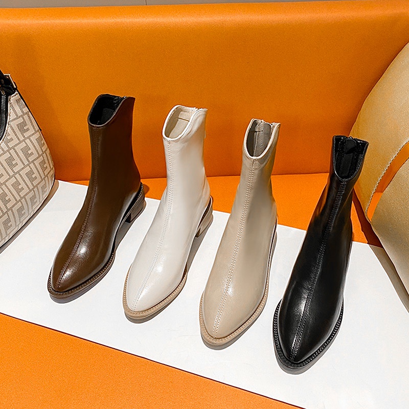 Giày Bốt Gót Dày Ngắn Mũi Nhọn Phối Khóa Kéo Thời Trang Thu Đông 2022