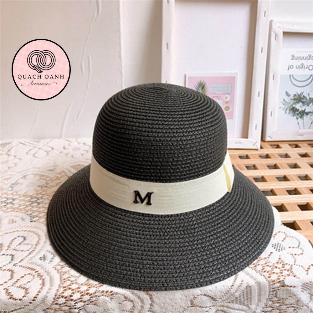 Mũ cói mềm, nón cói đi biển nữ vành rộng lượn đai chữ M phong cách vintage chống nắng – MU37