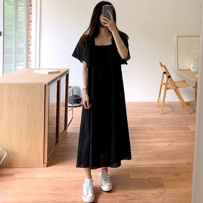 Đầm Ngắn Tay Cổ Vuông Dáng Rộng Thời Trang Mùa Hè Cho Nữ