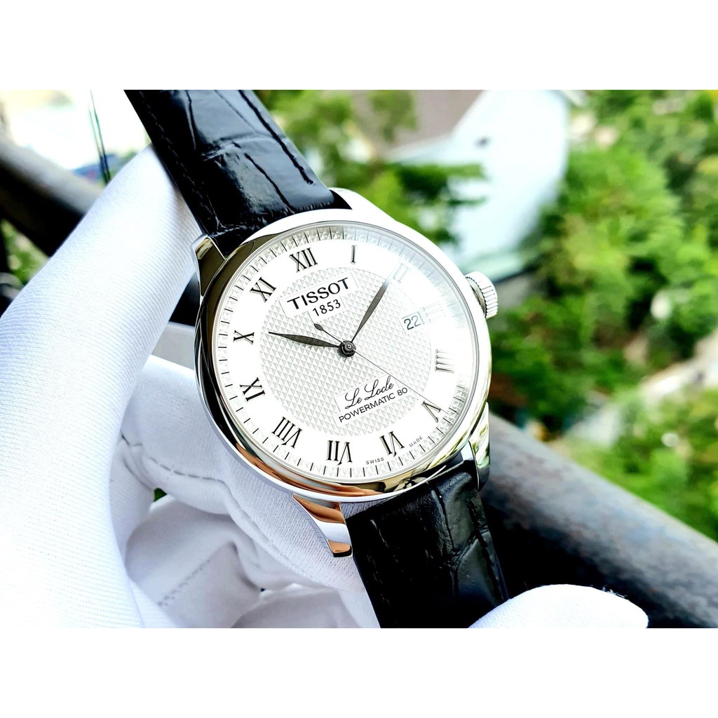 Đồng hồ Nam chính hãng Tissot Le Locle Powermatic 80 T006.407.16.033.00 Size 39,Mặt trắng-Máy cơ tự động-Dây da đen