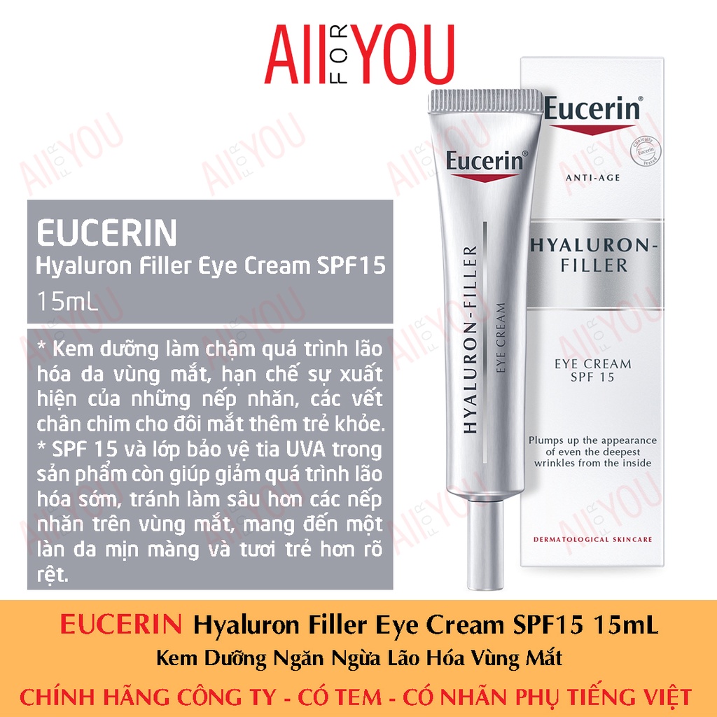 [TEM CTY] [MẪU MỚI] EUCERIN Hyaluron [3X]+ Filler Eye Cream SPF15 15mL - Kem Dưỡng Ngăn Ngừa Lão Hóa Vùng Mắt.
