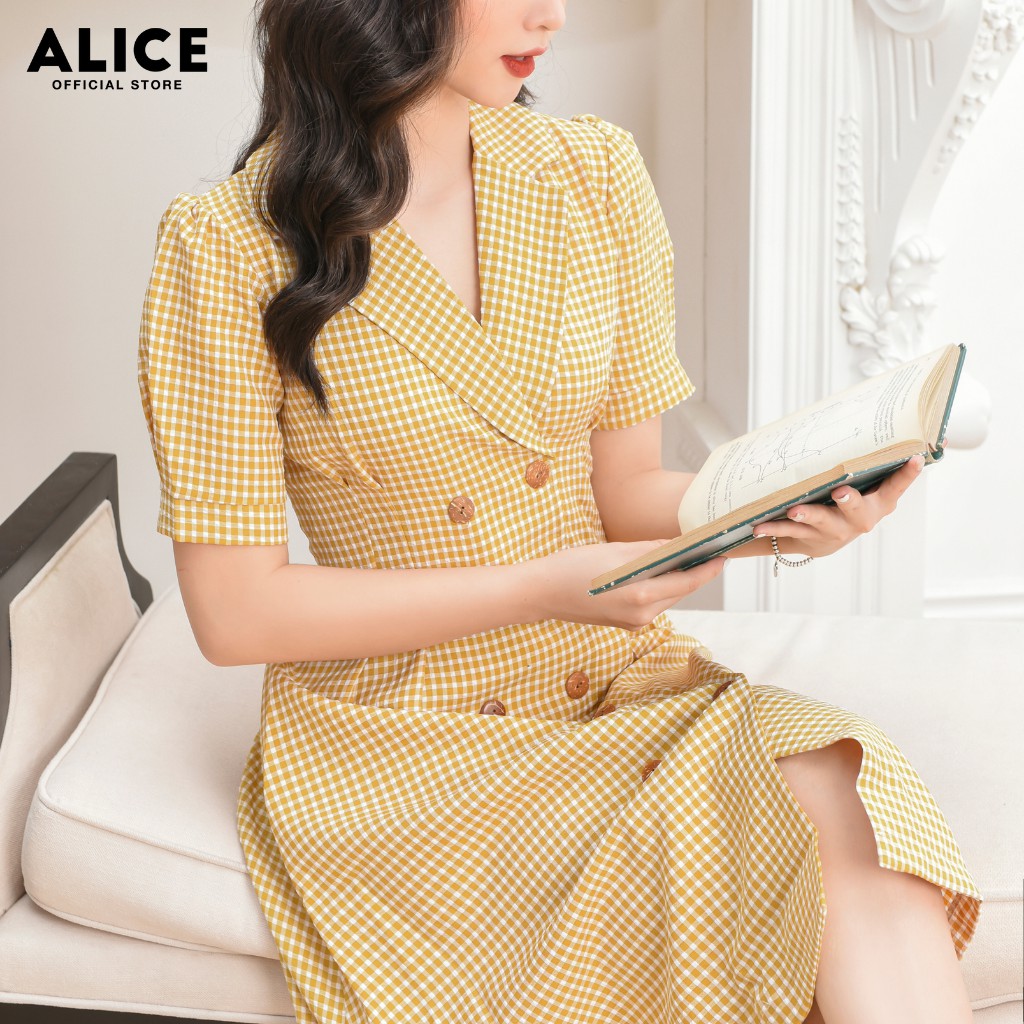 Đầm Thiết Kế Nữ Công Sở ALICE Dáng Dài Xòe Xếp Ly Tay Bồng Cổ Vest Họa Tiết Kẻ Thanh Lịch V667 | BigBuy360 - bigbuy360.vn