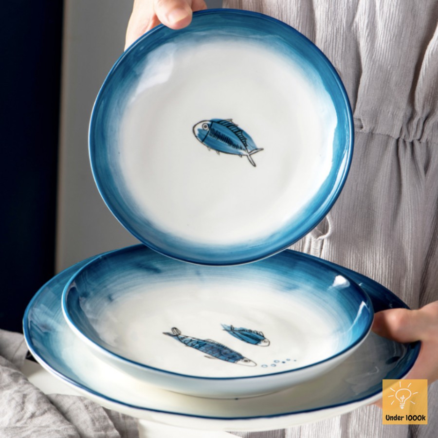 Đĩa sứ decor cá xanh viền xanh Under1000k